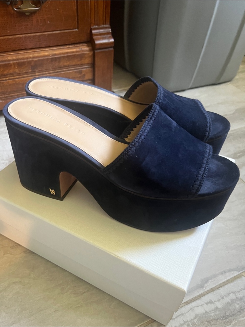 Veronica Beard Suede Platform Mule Heels Navy Womens 10.5
